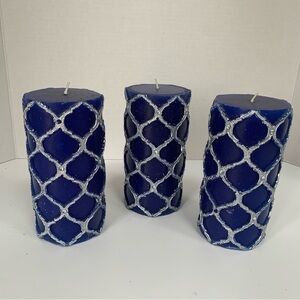 Pier 1 Imports Sapphire Orchid Scented Pillar Candle 3”x 6” Lot of 3 Blue Silver